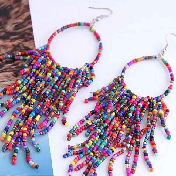 Beaded Multicolored Fringe Hoop Earrings - Picture 6 of 13
